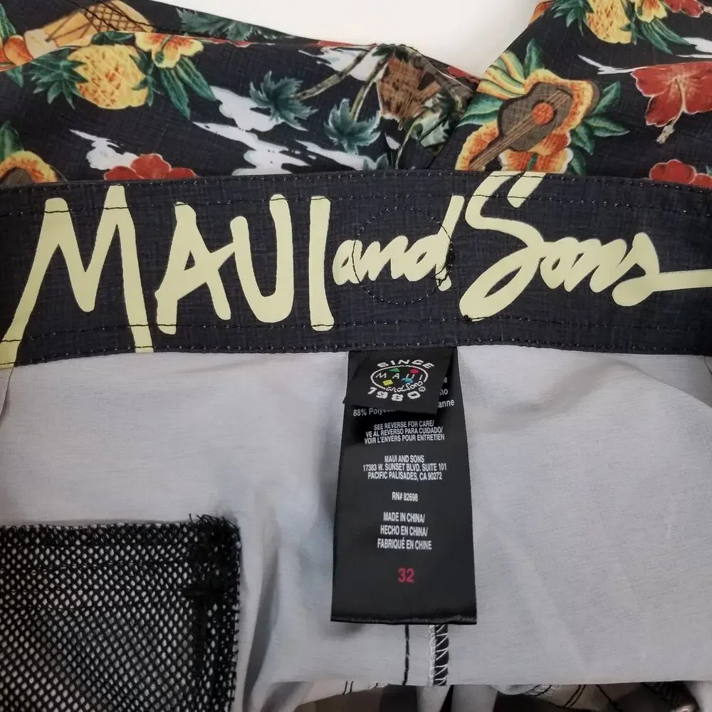 Maui & Son's Men's Swim Trunks Board Shorts Ukelele Shark 4 Way Stretch Black 32